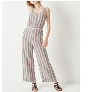 Sessun Bellevue Striped Pink and Gray Button-Front Wide-Leg Jumpsuit